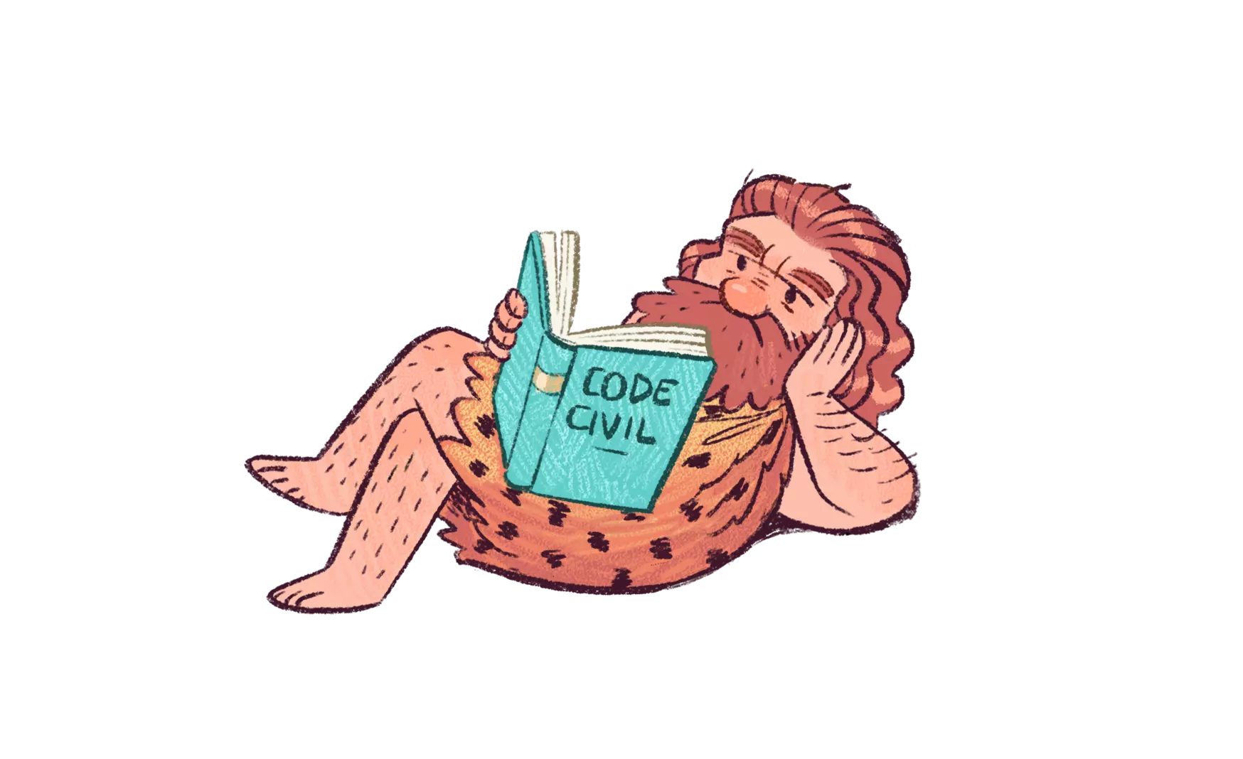 Illustration d'un homme de Cro-Magnon lisant le code Civil.